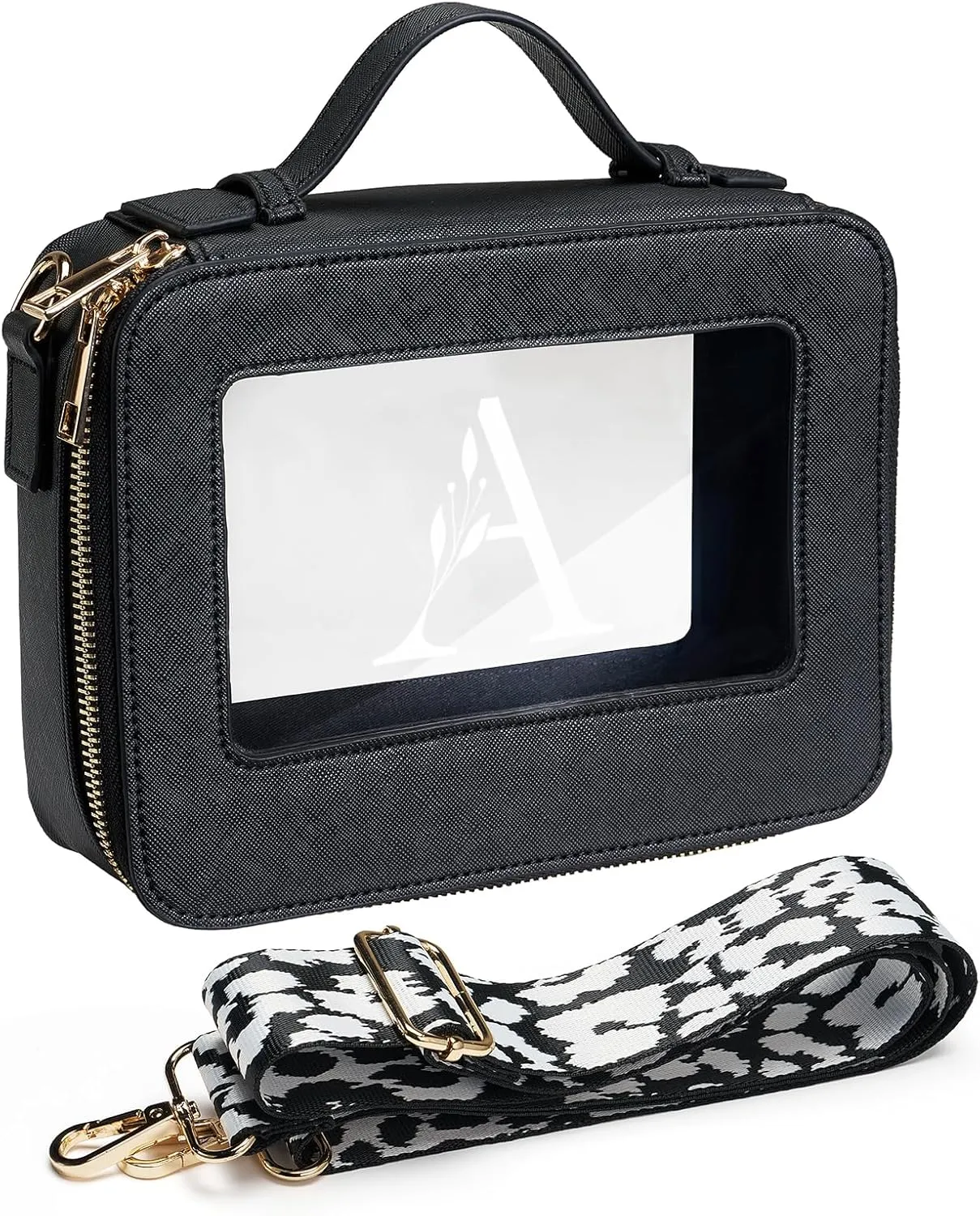 AW BRIDAL Monogram Clear Makeup Bag - Small Toiletry Travel Bag With Shoulder Strap and Zipper, Letter A