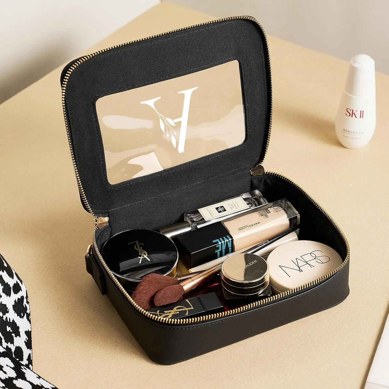 AW BRIDAL Monogram Clear Makeup Bag - Small Toiletry Travel Bag With Shoulder Strap and Zipper, Letter A