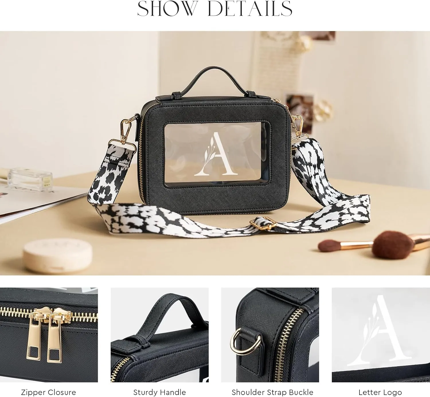 AW BRIDAL Monogram Clear Makeup Bag - Small Toiletry Travel Bag With Shoulder Strap and Zipper, Letter A
