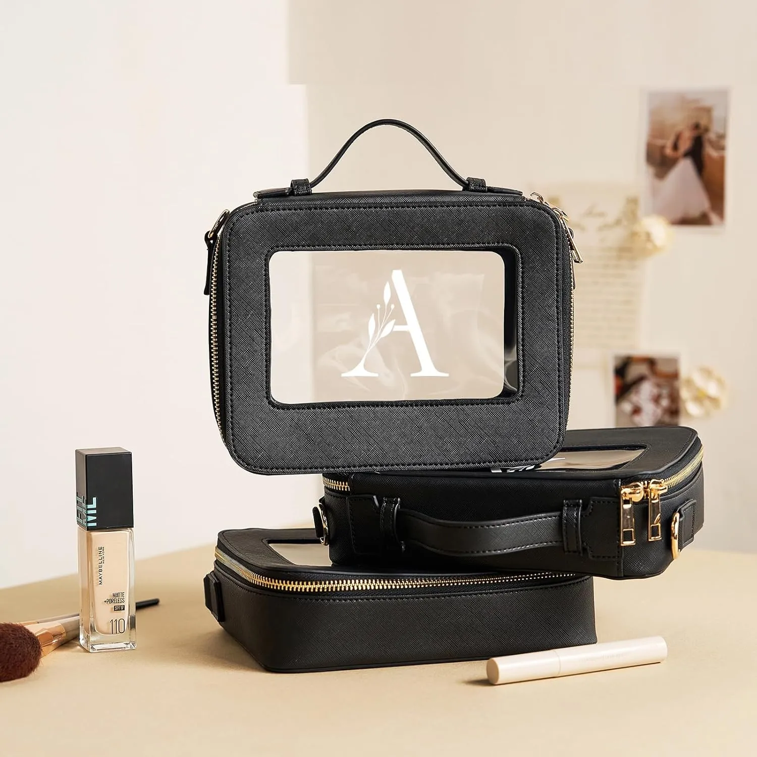 AW BRIDAL Monogram Clear Makeup Bag - Small Toiletry Travel Bag With Shoulder Strap and Zipper, Letter A