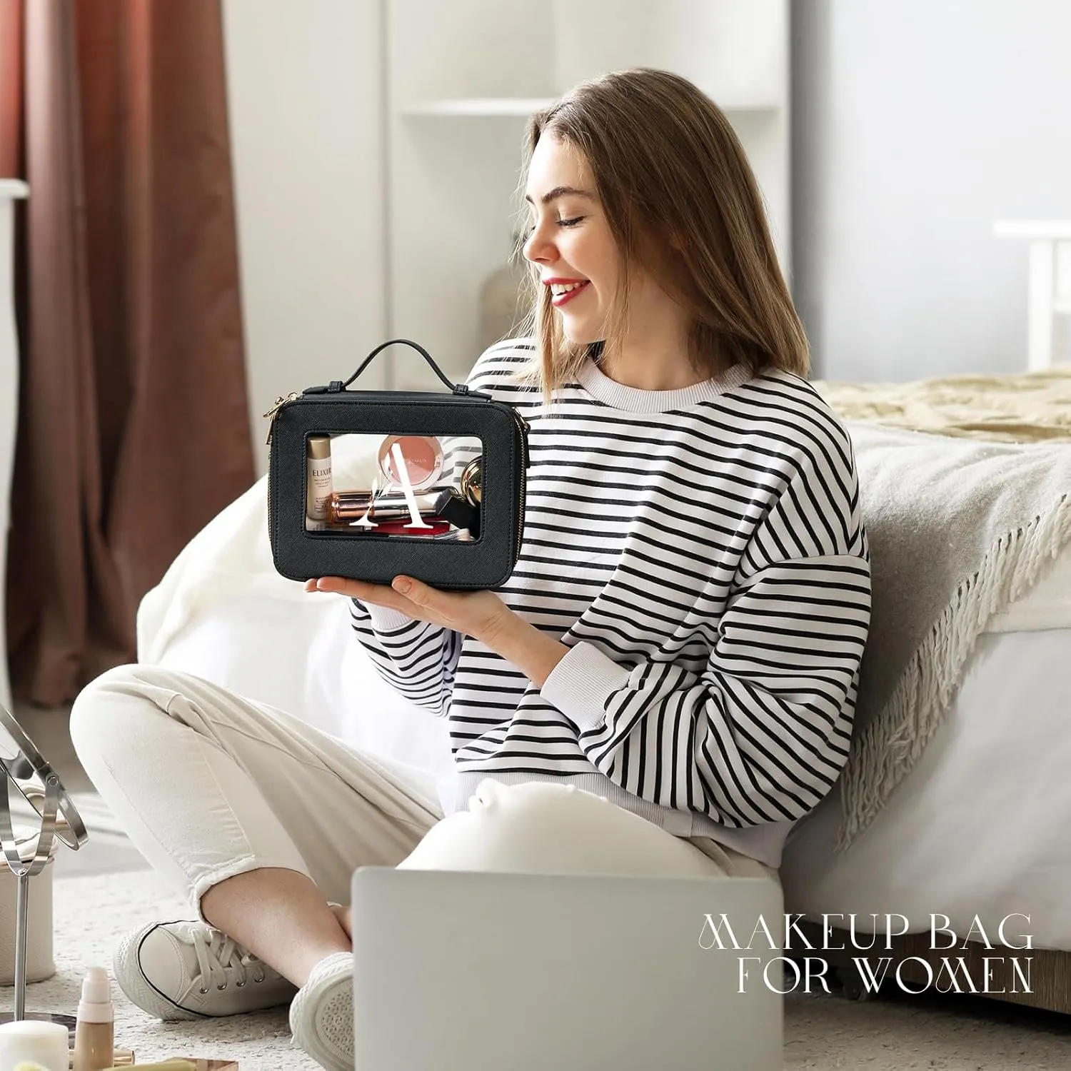 AW BRIDAL Monogram Clear Makeup Bag - Small Toiletry Travel Bag With Shoulder Strap and Zipper, Letter A