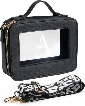 AW BRIDAL Monogram Clear Makeup Bag - Small Toiletry Travel Bag With Shoulder Strap and Zipper, Letter A