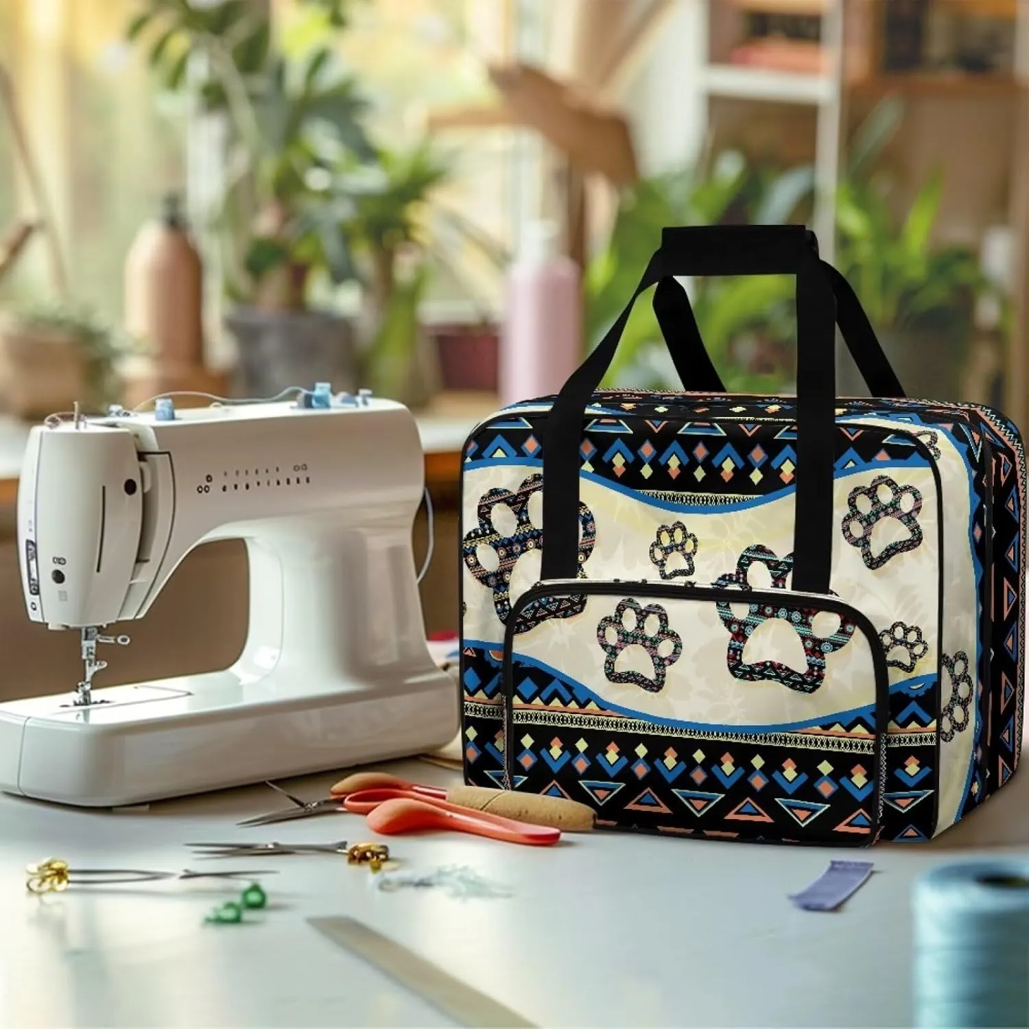 Aztec Dog Paws Knitting Bag Yarn Bag Crochet Bag Sewing Accessories Organizer Yarn Tote Organizer for Projects, Yarn Balls, Crochet Hooks, Knitting Needles, Stitch Holders
