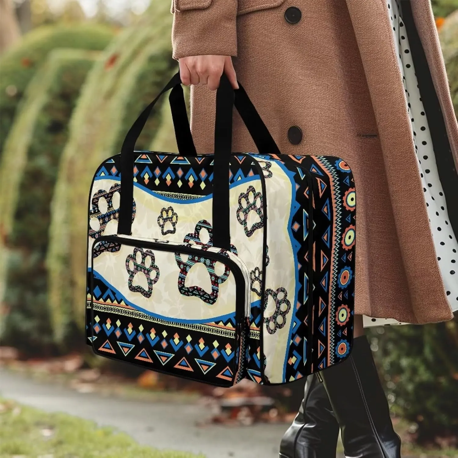 Aztec Dog Paws Knitting Bag Yarn Bag Crochet Bag Sewing Accessories Organizer Yarn Tote Organizer for Projects, Yarn Balls, Crochet Hooks, Knitting Needles, Stitch Holders