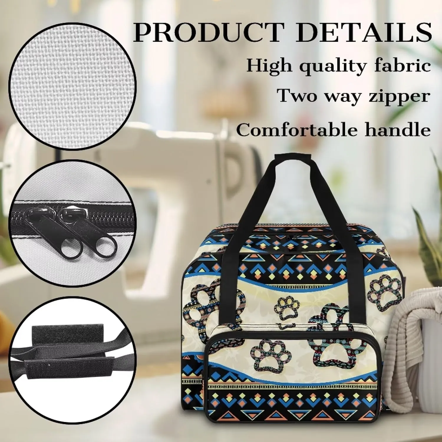 Aztec Dog Paws Knitting Bag Yarn Bag Crochet Bag Sewing Accessories Organizer Yarn Tote Organizer for Projects, Yarn Balls, Crochet Hooks, Knitting Needles, Stitch Holders