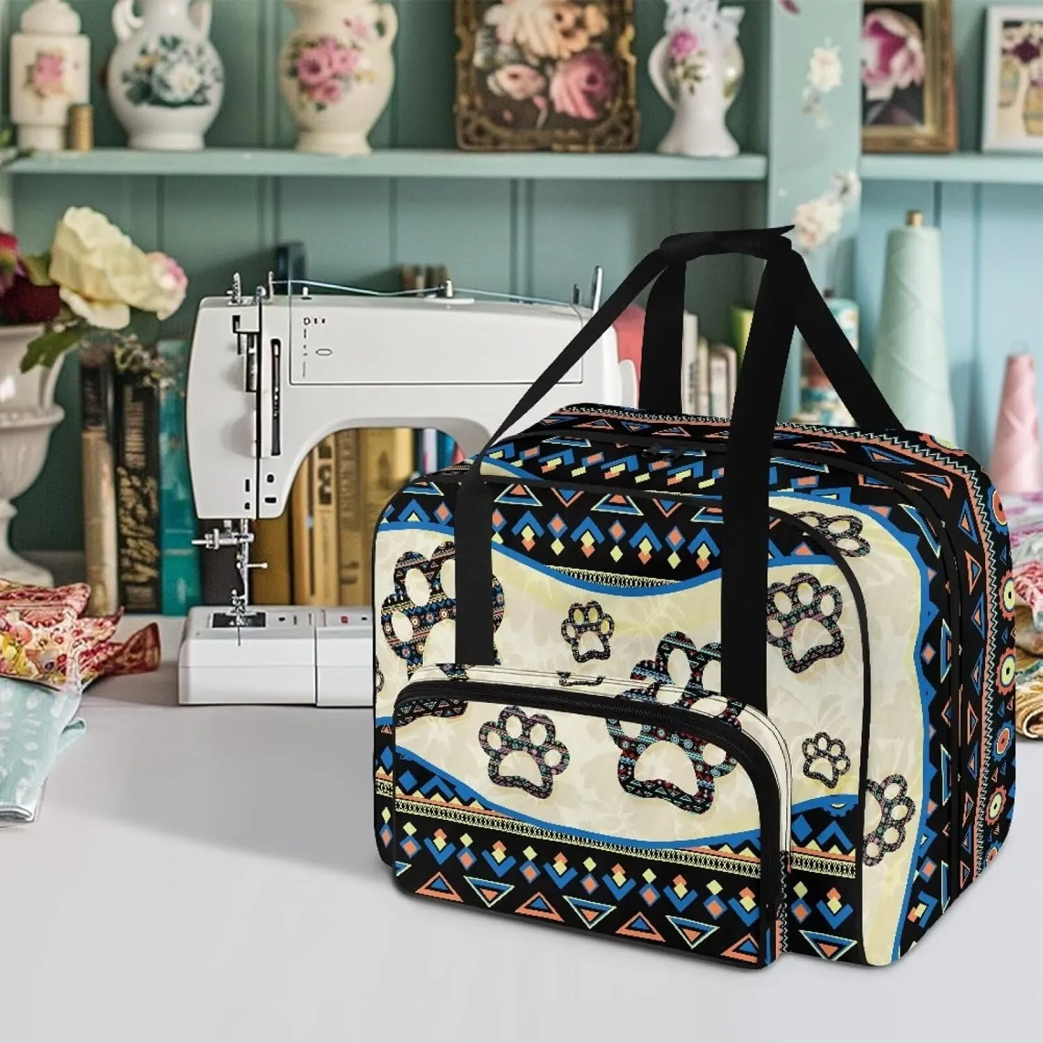 Aztec Dog Paws Knitting Bag Yarn Bag Crochet Bag Sewing Accessories Organizer Yarn Tote Organizer for Projects, Yarn Balls, Crochet Hooks, Knitting Needles, Stitch Holders
