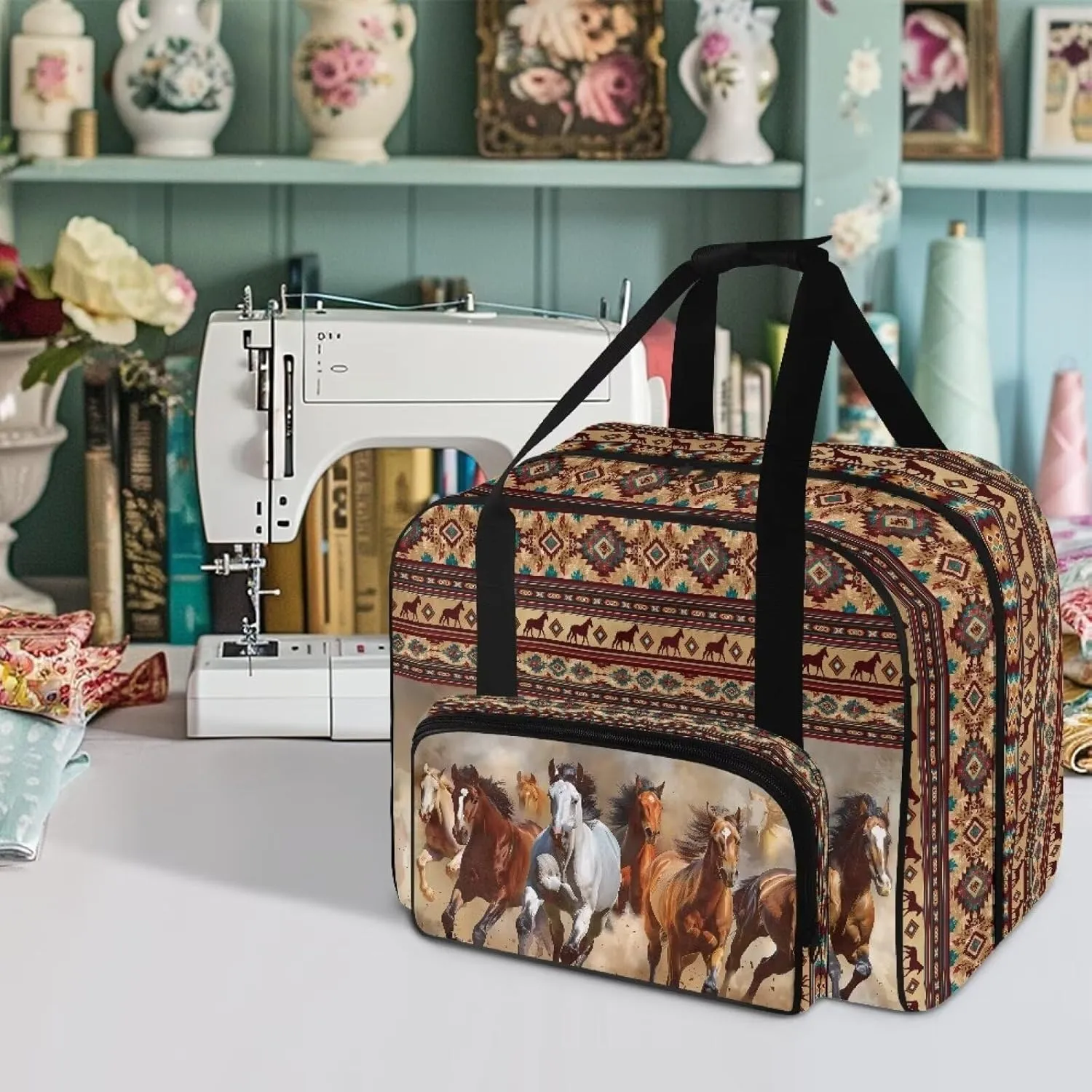 Aztec Horse Sewing Machine Case with Padding Pad, Travel Case for Sewing Machine and Accessories (Fit for Most Standard Sewing Machines)(Bag Only)
