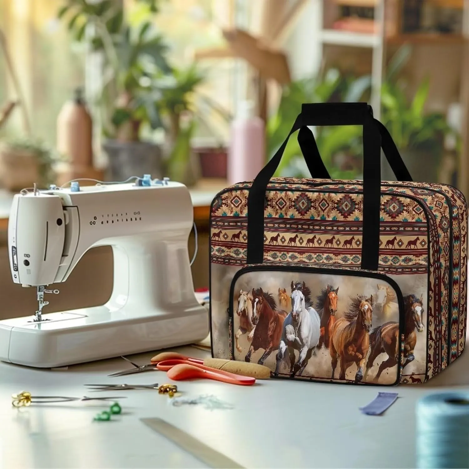 Aztec Horse Sewing Machine Case with Padding Pad, Travel Case for Sewing Machine and Accessories (Fit for Most Standard Sewing Machines)(Bag Only)