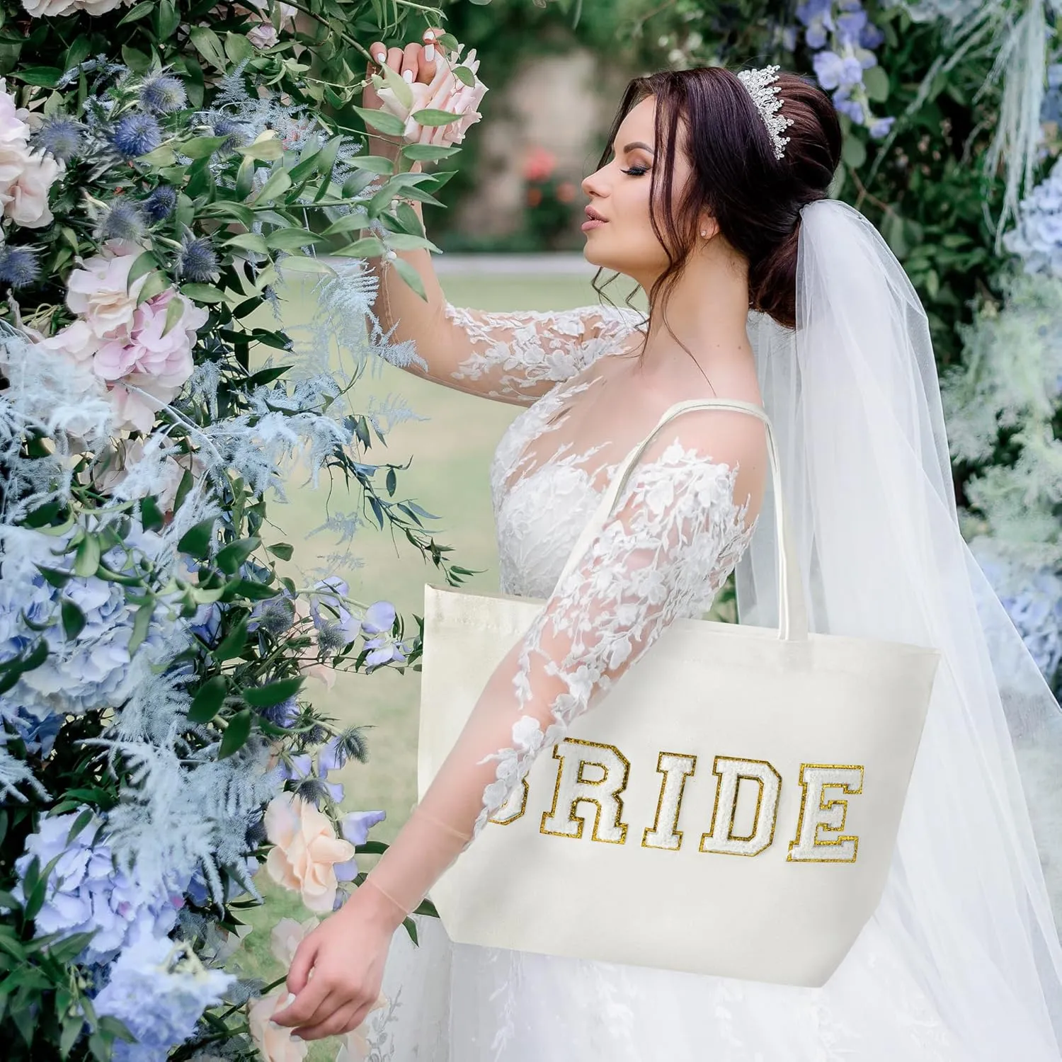 B1ykin 2Pcs Chenille Letter Patches Canvas Tote Bag with Zipper Pocket, Travel Handbag Zipper Pouch Gifts for Women Girls