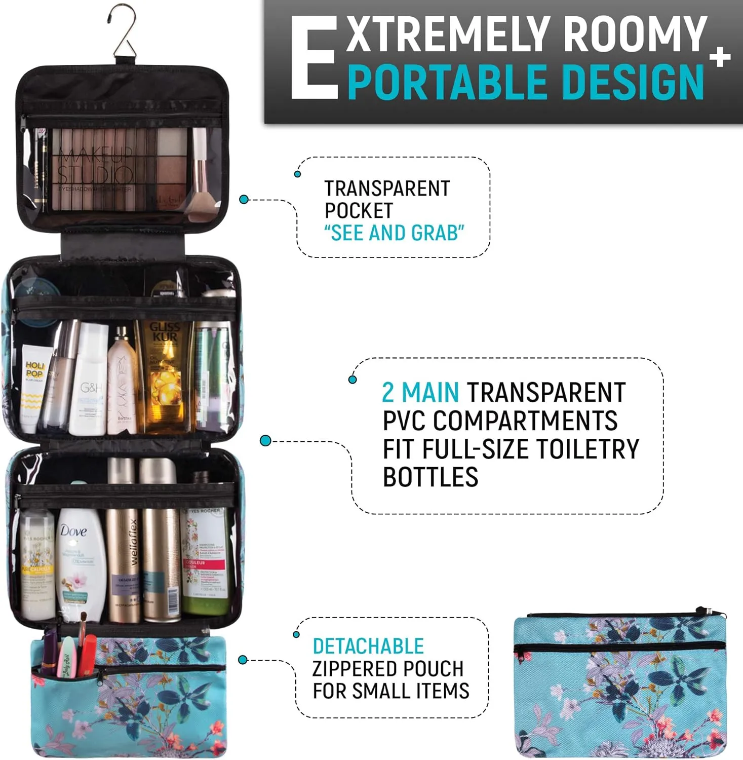 Bag&Carry Large Travel Hanging Toiletry Bag For Women - Folding Bathroom Toiletry Cosmetic Organizer - XL Hanging Travel Bag For Full Size Toiletries (teal)