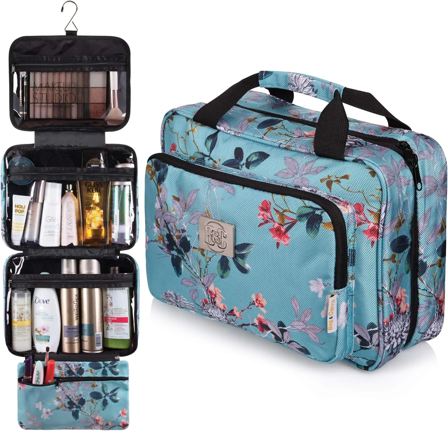 Bag&Carry Large Travel Hanging Toiletry Bag For Women - Folding Bathroom Toiletry Cosmetic Organizer - XL Hanging Travel Bag For Full Size Toiletries (teal)