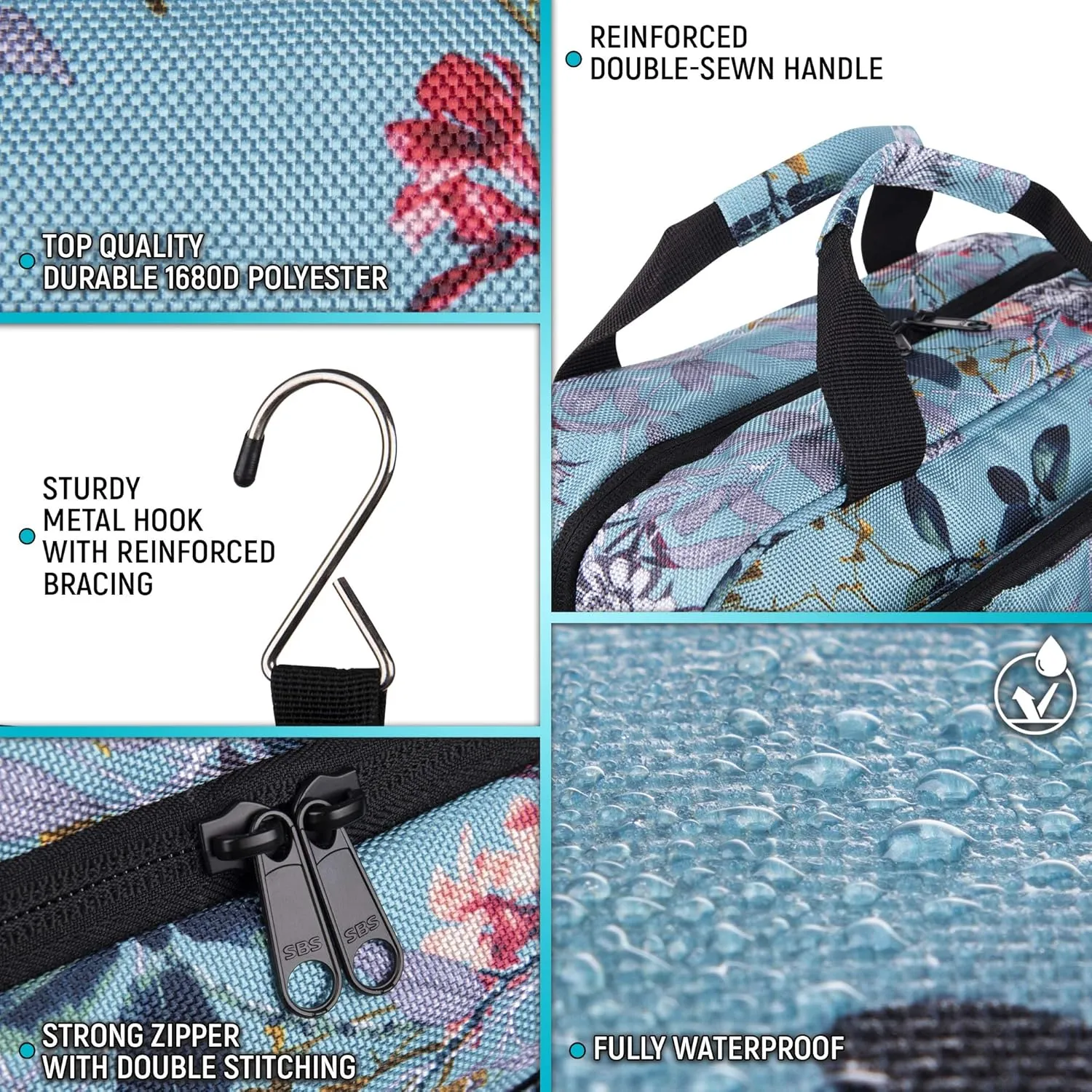 Bag&Carry Large Travel Hanging Toiletry Bag For Women - Folding Bathroom Toiletry Cosmetic Organizer - XL Hanging Travel Bag For Full Size Toiletries (teal)
