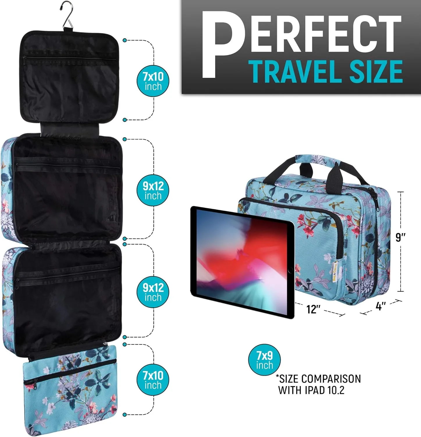 Bag&Carry Large Travel Hanging Toiletry Bag For Women - Folding Bathroom Toiletry Cosmetic Organizer - XL Hanging Travel Bag For Full Size Toiletries (teal)