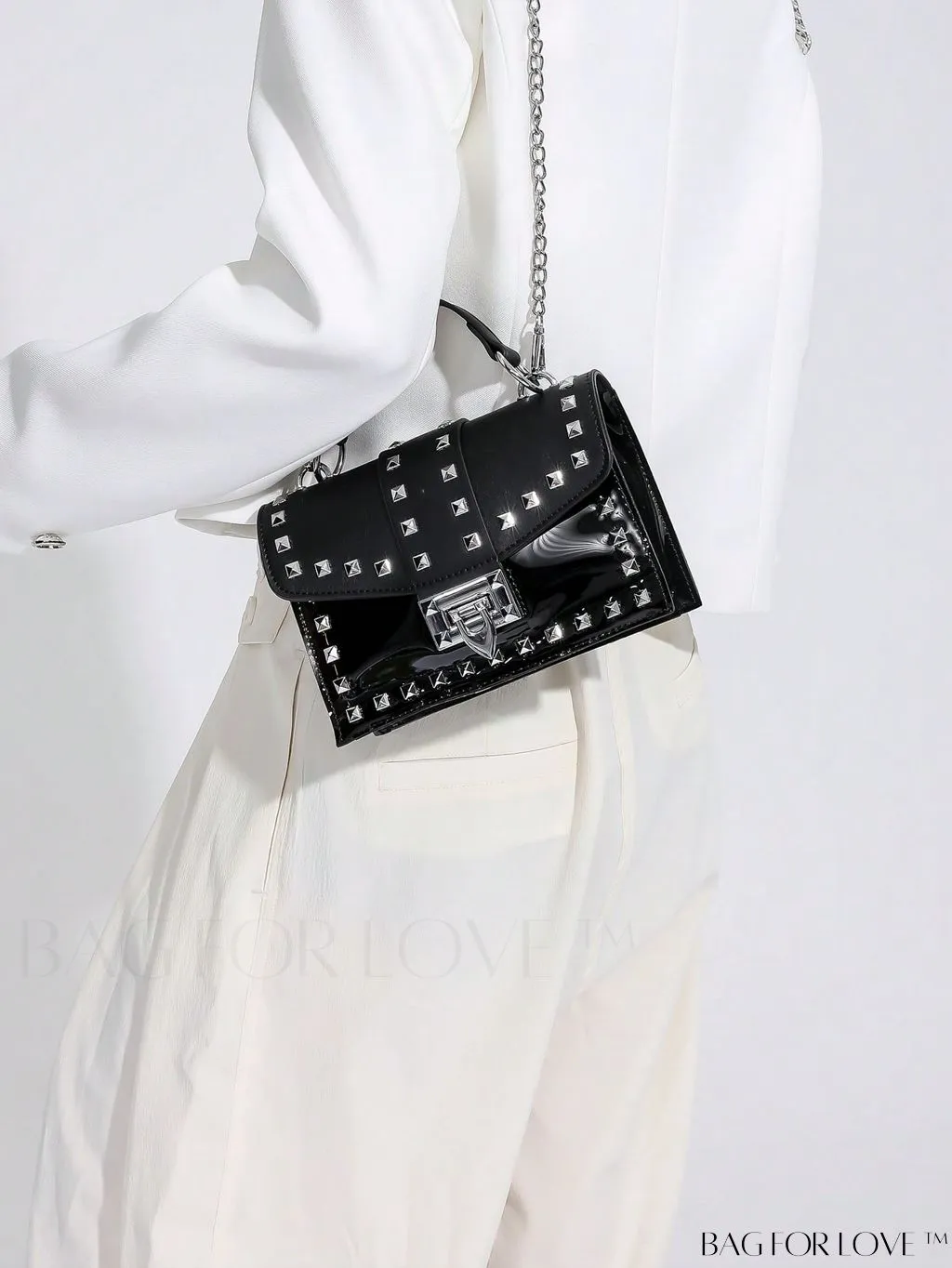 BagForLove - Studded Square Bag: Black Punk Style with Chain Strap and Inner Pouch