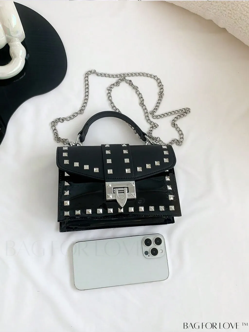 BagForLove - Studded Square Bag: Black Punk Style with Chain Strap and Inner Pouch