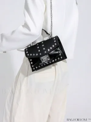 BagForLove - Studded Square Bag: Black Punk Style with Chain Strap and Inner Pouch