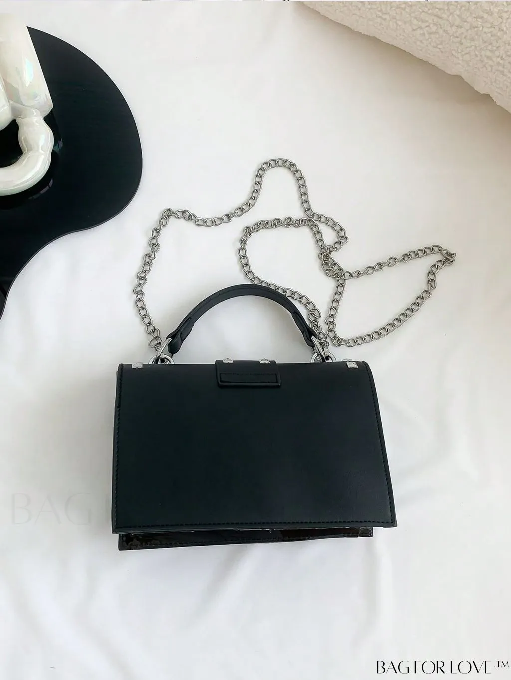 BagForLove - Studded Square Bag: Black Punk Style with Chain Strap and Inner Pouch