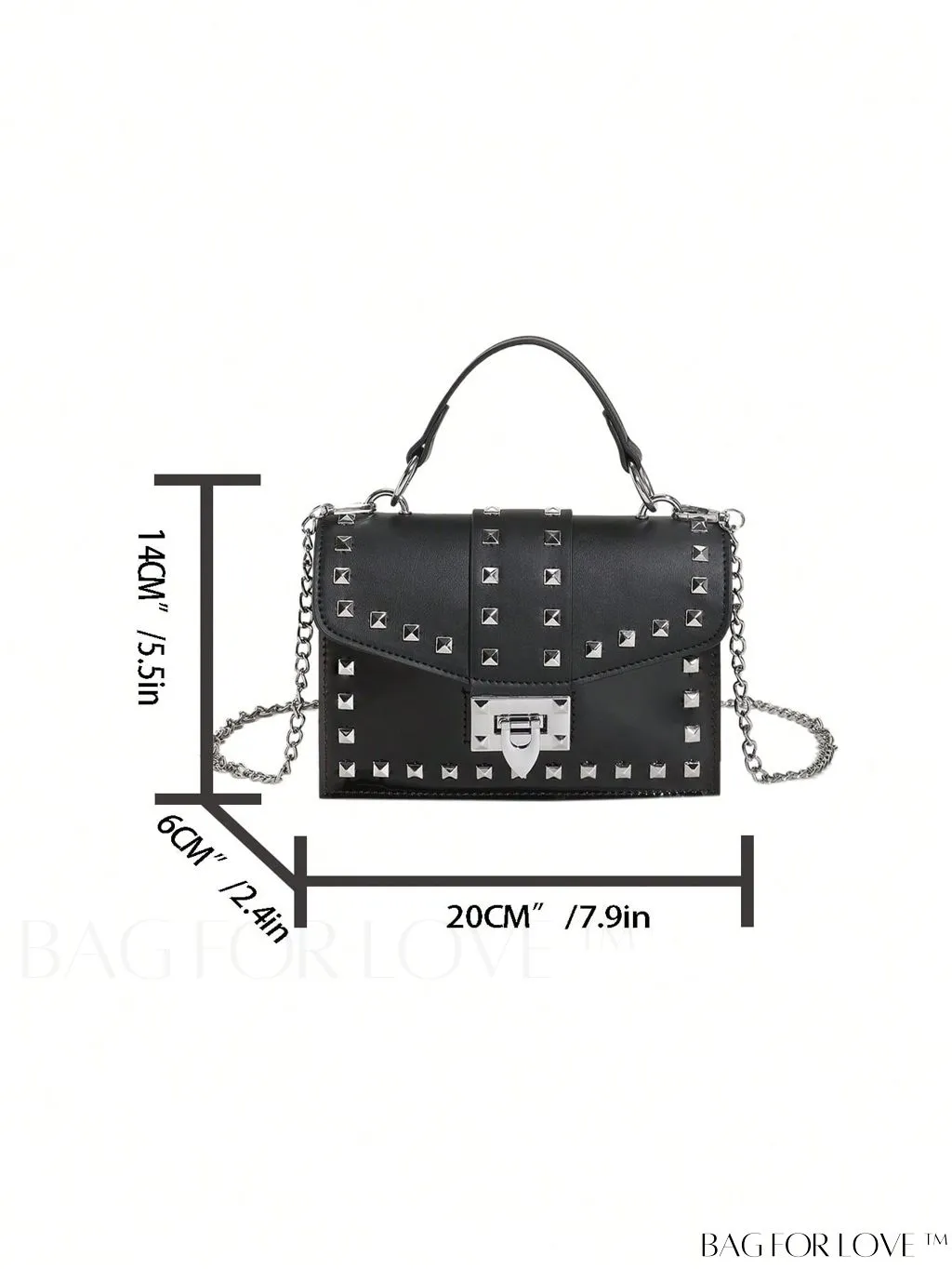 BagForLove - Studded Square Bag: Black Punk Style with Chain Strap and Inner Pouch