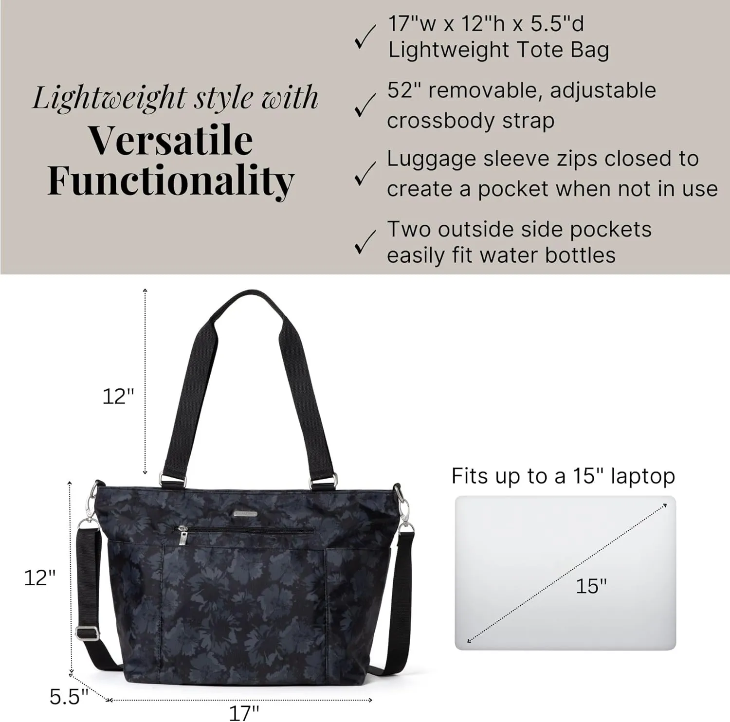 Baggallini Essential Laptop Tote - Work Tote Bag with Laptop Sleeve - Lightweight Travel Crossbody Shoulder Bag for Women