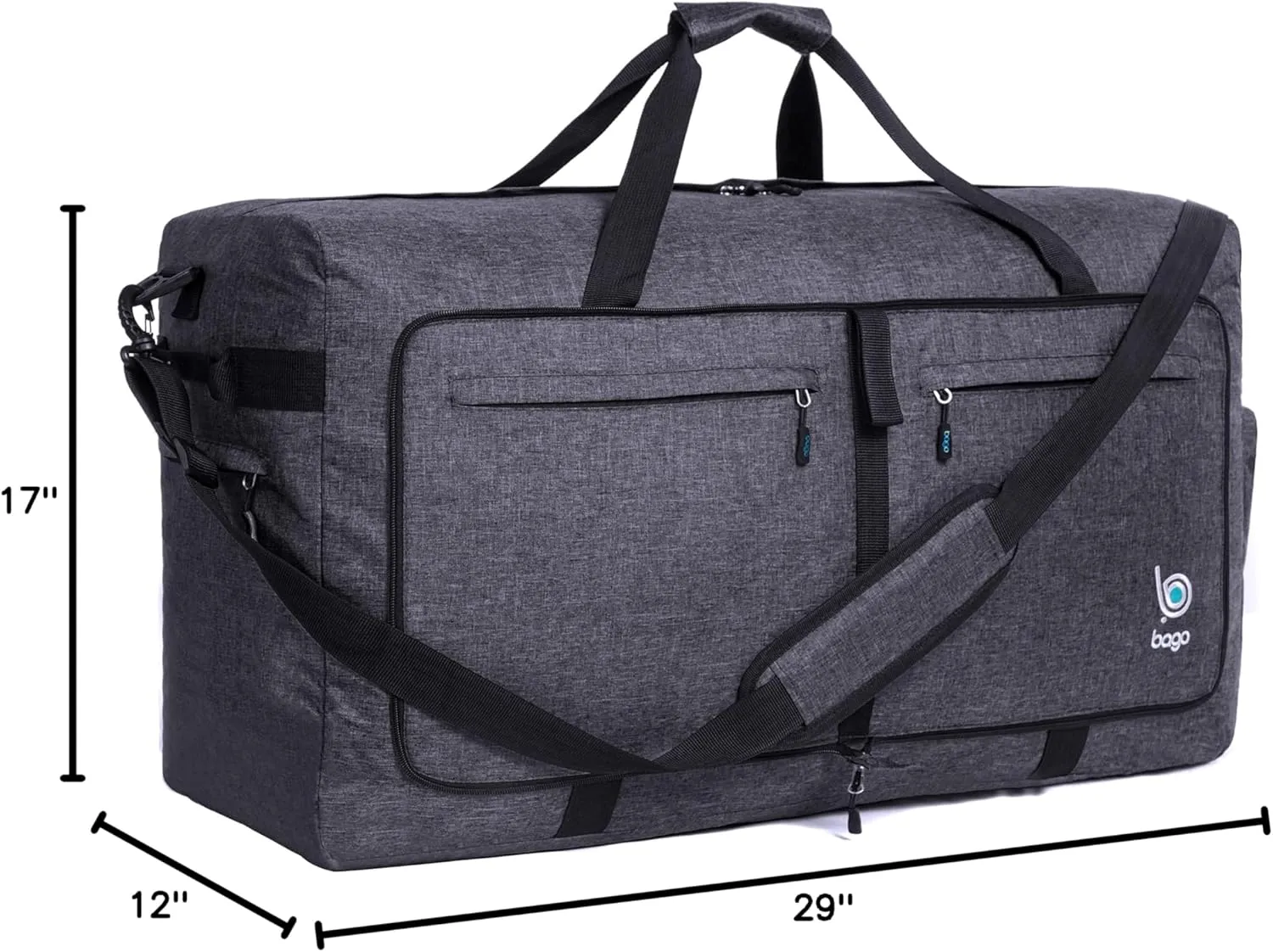 Bago Large Foldable Duffel Bags for Traveling Women & Men - 100L Packable Duffle Bag for Travel with Shoe Compartment - Water Repellant, Heavy Duty, Lightweight Folding & Collapsible (SnowBlack)