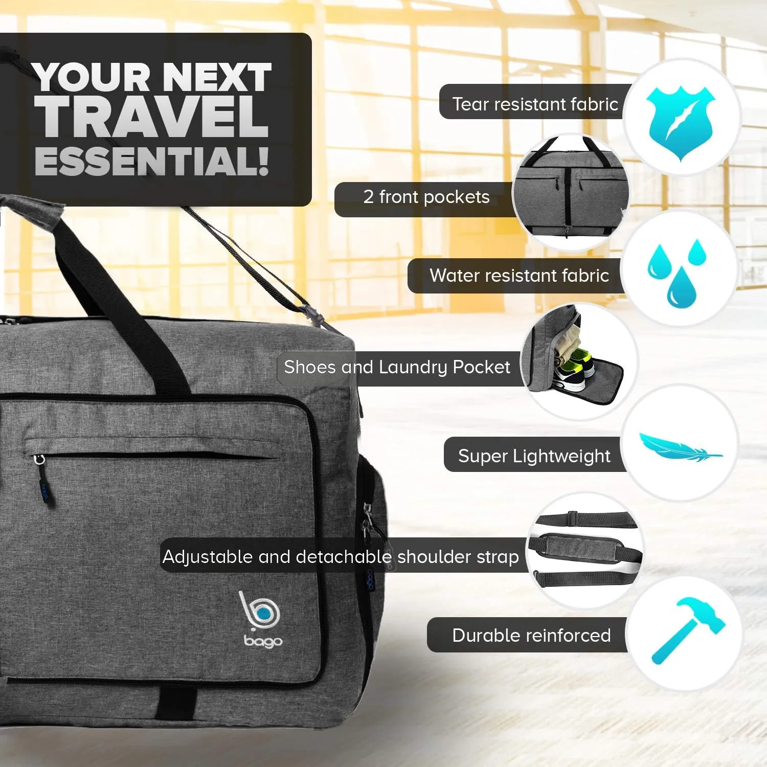 Bago Large Foldable Duffel Bags for Traveling Women & Men - 100L Packable Duffle Bag for Travel with Shoe Compartment - Water Repellant, Heavy Duty, Lightweight Folding & Collapsible (SnowBlack)