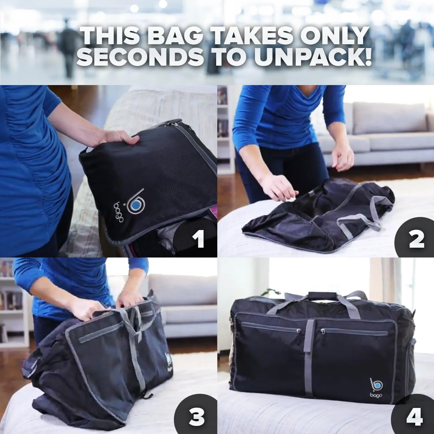 Bago Large Foldable Duffel Bags for Traveling Women & Men - 100L Packable Duffle Bag for Travel with Shoe Compartment - Water Repellant, Heavy Duty, Lightweight Folding & Collapsible (SnowBlack)