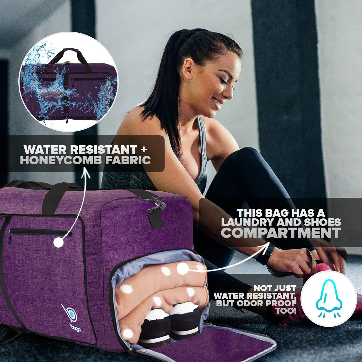 Bago Large Foldable Duffel Bags for Traveling Women & Men - 80L Packable Duffle Bag for Travel with Shoe Compartment - Water Repellant, Heavy Duty, Lightweight Folding & Collapsible (SnowDepPurple)