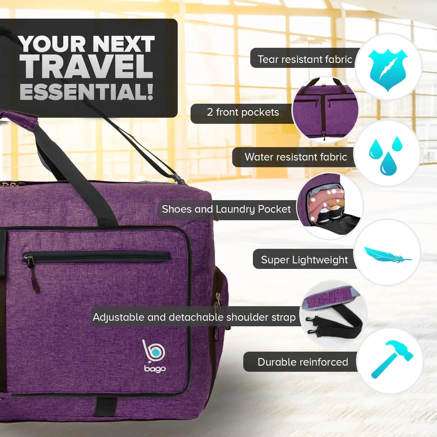 Bago Large Foldable Duffel Bags for Traveling Women & Men - 80L Packable Duffle Bag for Travel with Shoe Compartment - Water Repellant, Heavy Duty, Lightweight Folding & Collapsible (SnowDepPurple)