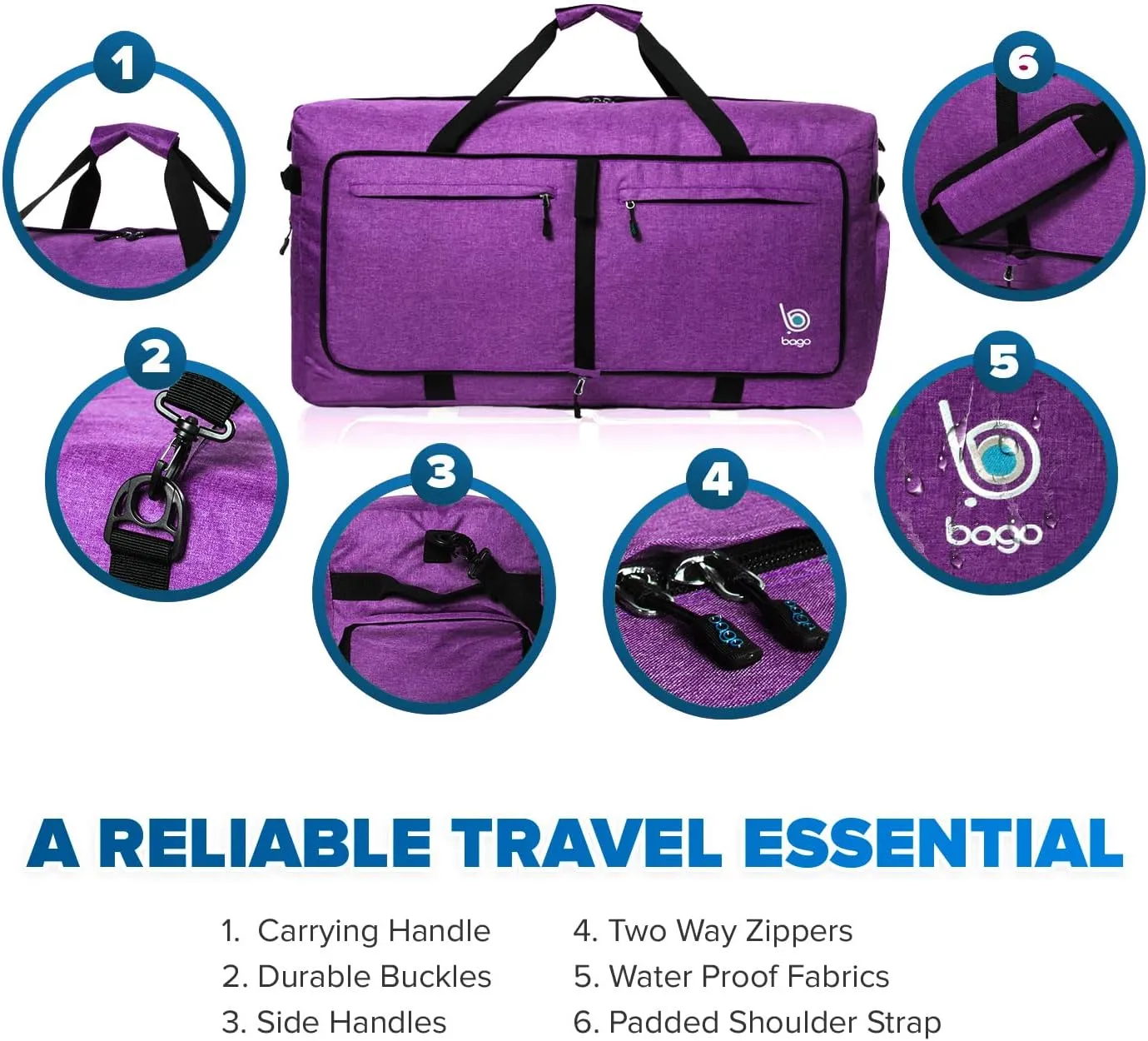 Bago Large Foldable Duffel Bags for Traveling Women & Men - 80L Packable Duffle Bag for Travel with Shoe Compartment - Water Repellant, Heavy Duty, Lightweight Folding & Collapsible (SnowDepPurple)