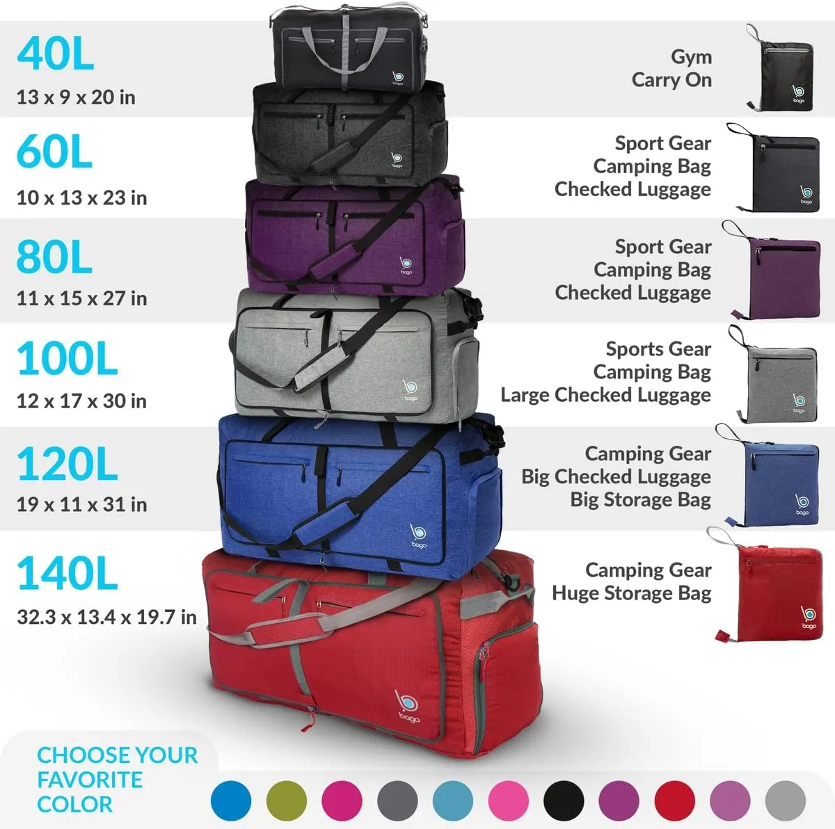 Bago Large Foldable Duffel Bags for Traveling Women & Men - 80L Packable Duffle Bag for Travel with Shoe Compartment - Water Repellant, Heavy Duty, Lightweight Folding & Collapsible (SnowDepPurple)