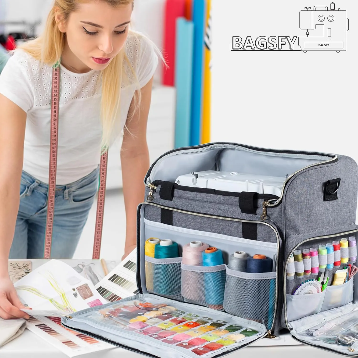 BAGSFY Large Sewing Machine Carrying Case, Sewing Machine Bag, Travel Tote Bag Compatible with Singer, Brother, Bernina & Standard Size Sewing Machines.