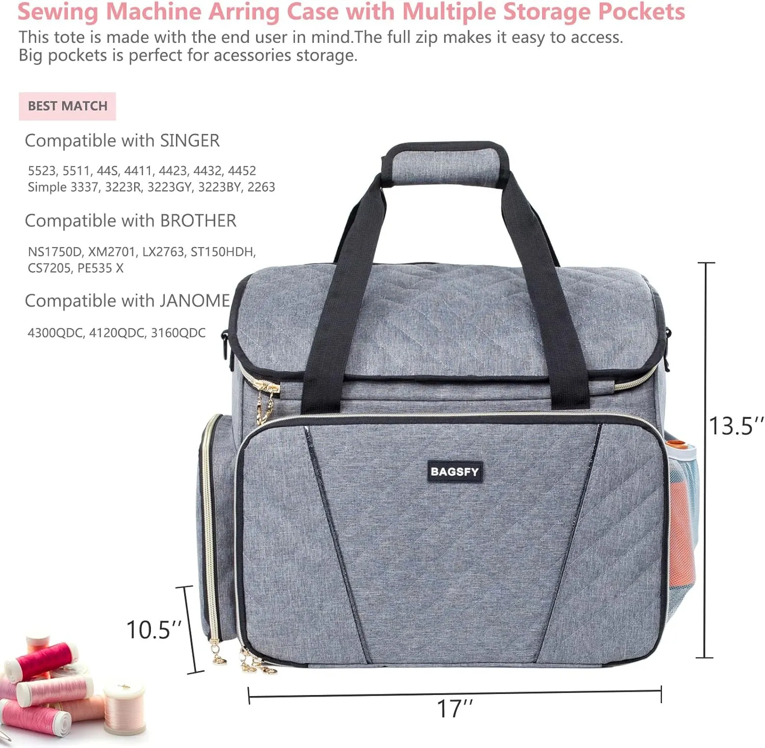BAGSFY Large Sewing Machine Carrying Case, Sewing Machine Bag, Travel Tote Bag Compatible with Singer, Brother, Bernina & Standard Size Sewing Machines.