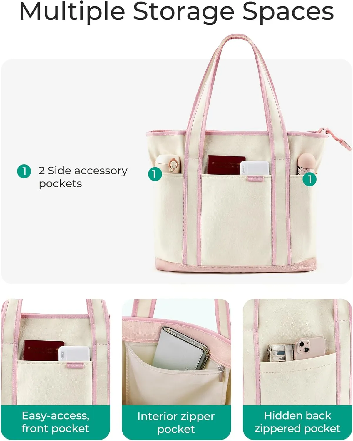 BAGSMART Canvas Tote Bag With Compartments and Zipper, Shoulder Handbag for Women, Travel, Shop