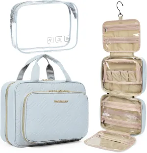 BAGSMART Toiletry Bag Hanging Travel Makeup Organizer with TSA Approved Transparent Cosmetic Bag Makeup Bag for Full Sized Toiletries, Large-Light Blue