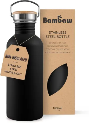 Bambaw Stainless Steel Water Bottle, Black Sports Bottle, Non-Insulated Water Bottle, 1L Stainless Steel, Reusable Bottle, Metal Bottle, BPA-Free – Onyx Black