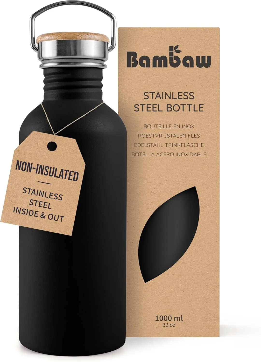 Bambaw Stainless Steel Water Bottle, Black Sports Bottle, Non-Insulated Water Bottle, 1L Stainless Steel, Reusable Bottle, Metal Bottle, BPA-Free – Onyx Black