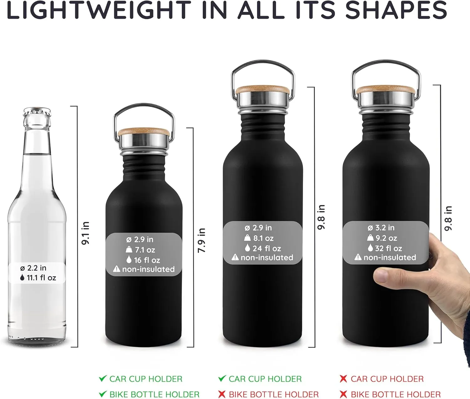 Bambaw Stainless Steel Water Bottle, Black Sports Bottle, Non-Insulated Water Bottle, 1L Stainless Steel, Reusable Bottle, Metal Bottle, BPA-Free – Onyx Black