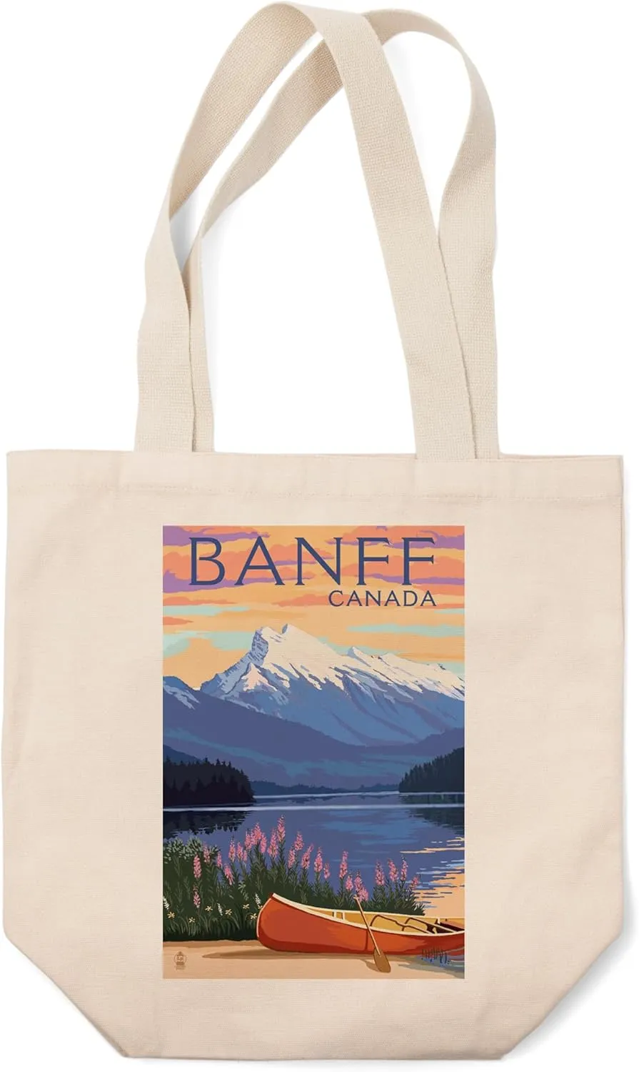 Banff, Canada, Lake Scene and Canoe (100% Cotton Canvas Reusable Tote Bag)