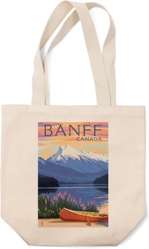 Banff, Canada, Lake Scene and Canoe (100% Cotton Canvas Reusable Tote Bag)