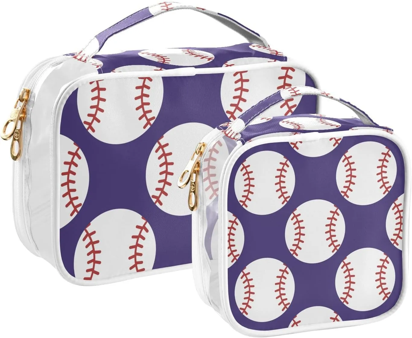 Baseball 2 Pieces Clear Makeup Cosmetic Toiletry Bags for Women Men PVC Waterproof Portable Travel Storage Carry Pouch with Gold Zippers Handbag Purse for Vacation Bathroom Organizing Traveling