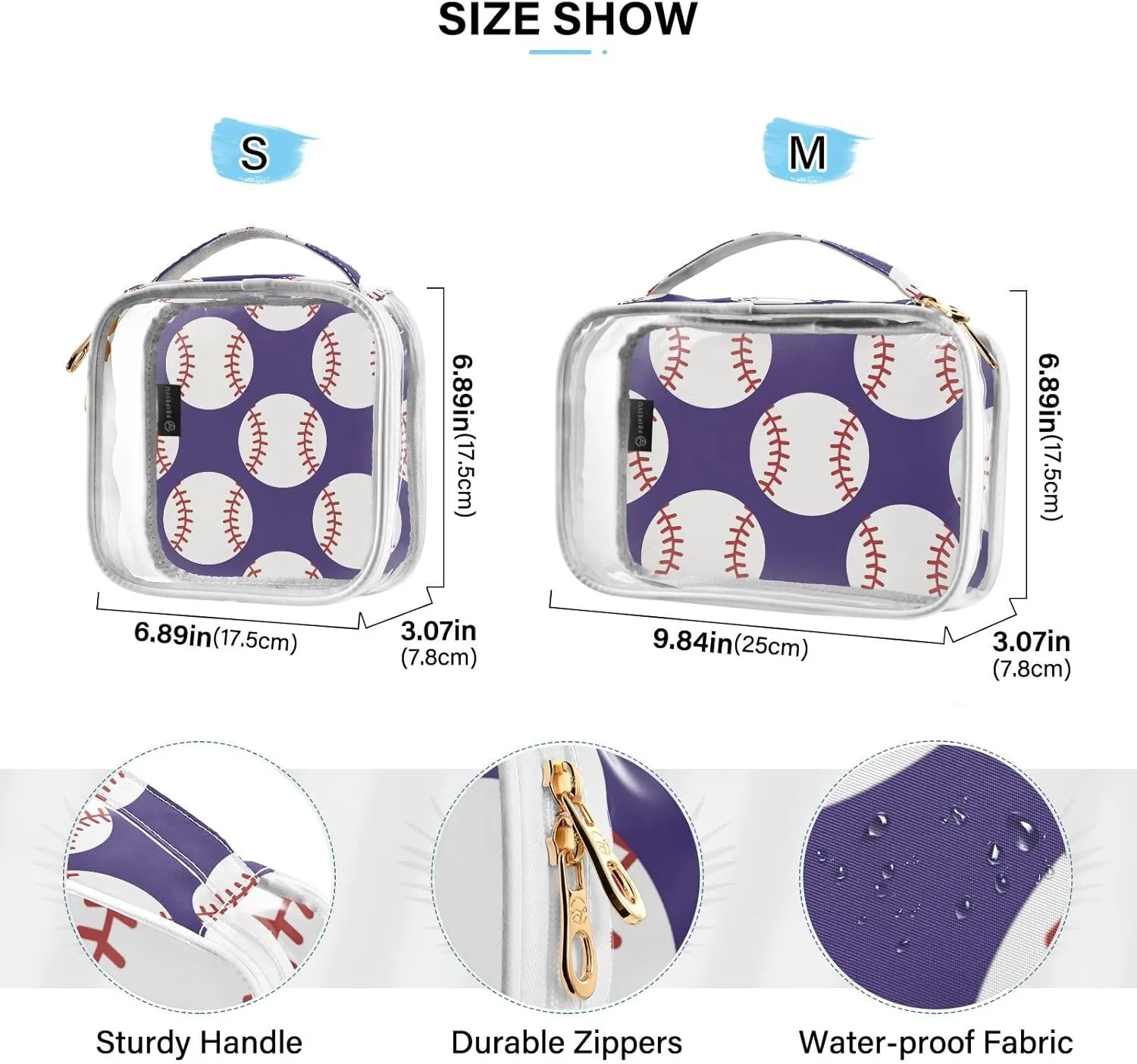 Baseball 2 Pieces Clear Makeup Cosmetic Toiletry Bags for Women Men PVC Waterproof Portable Travel Storage Carry Pouch with Gold Zippers Handbag Purse for Vacation Bathroom Organizing Traveling