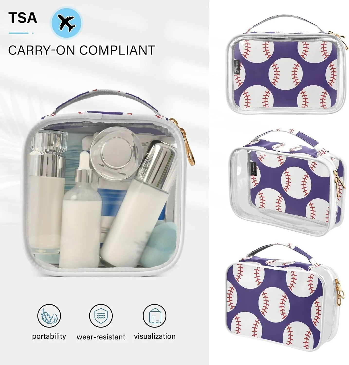 Baseball 2 Pieces Clear Makeup Cosmetic Toiletry Bags for Women Men PVC Waterproof Portable Travel Storage Carry Pouch with Gold Zippers Handbag Purse for Vacation Bathroom Organizing Traveling