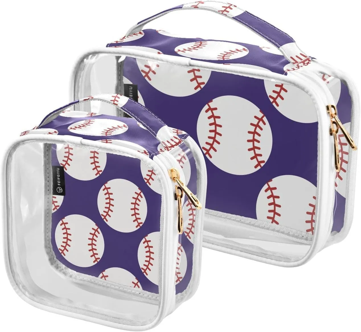 Baseball 2 Pieces Clear Makeup Cosmetic Toiletry Bags for Women Men PVC Waterproof Portable Travel Storage Carry Pouch with Gold Zippers Handbag Purse for Vacation Bathroom Organizing Traveling