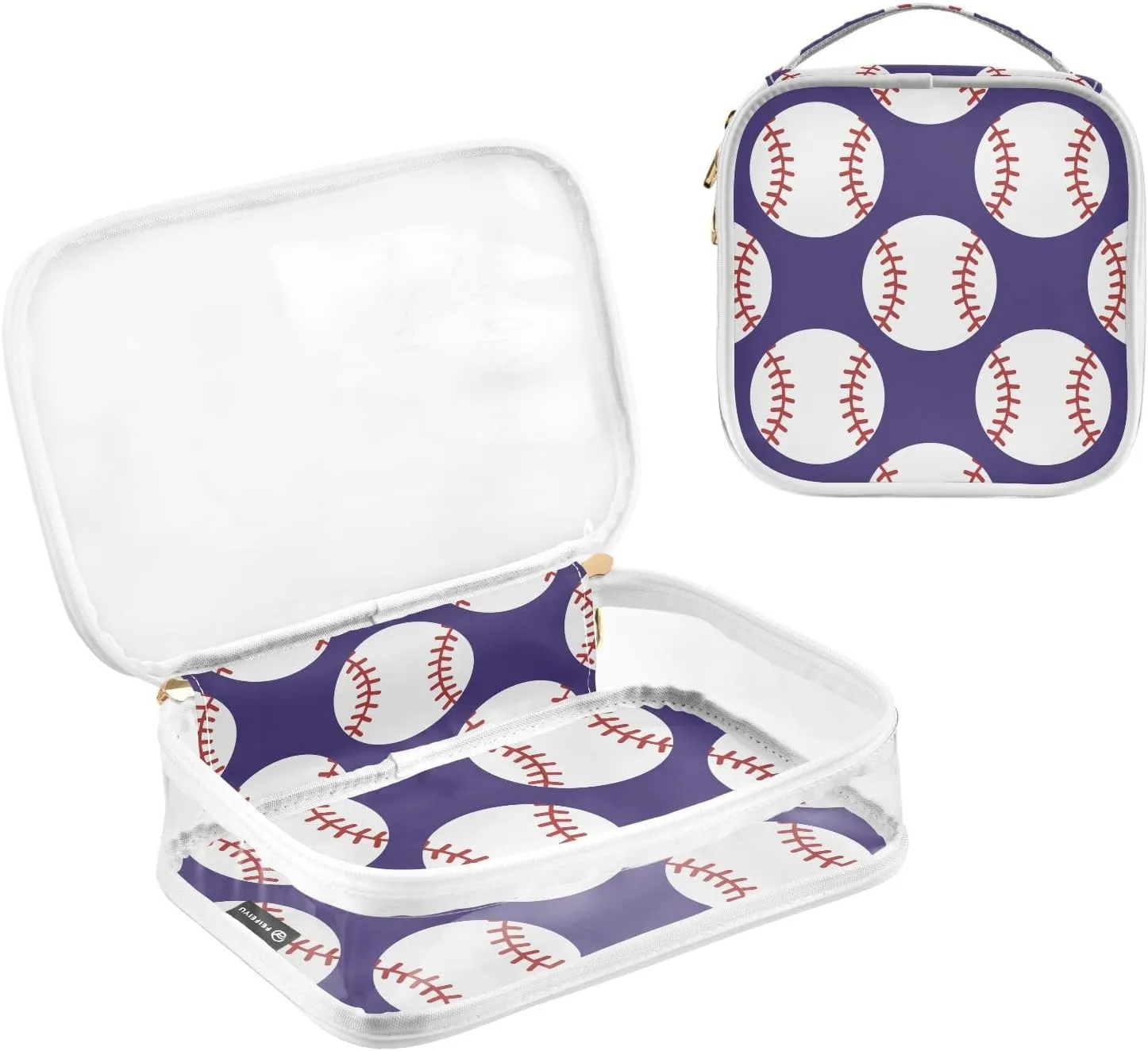Baseball 2 Pieces Clear Makeup Cosmetic Toiletry Bags for Women Men PVC Waterproof Portable Travel Storage Carry Pouch with Gold Zippers Handbag Purse for Vacation Bathroom Organizing Traveling