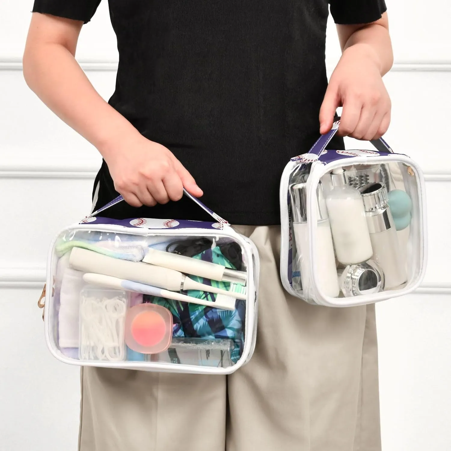 Baseball 2 Pieces Clear Makeup Cosmetic Toiletry Bags for Women Men PVC Waterproof Portable Travel Storage Carry Pouch with Gold Zippers Handbag Purse for Vacation Bathroom Organizing Traveling