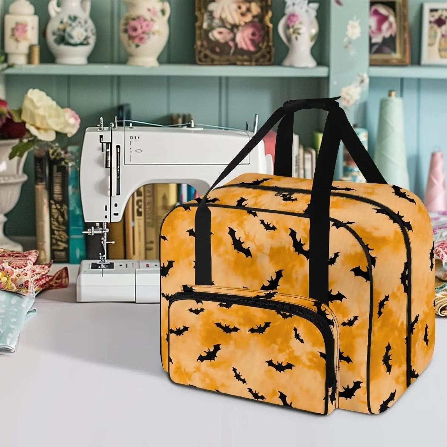Bat Cover for Sewing Machine Portable for Halloween Sewing Machine Handbag Removable Washable Tote Bag for Sewing Machine Bag with Convenient Pockets Fancy Fashion Gifts