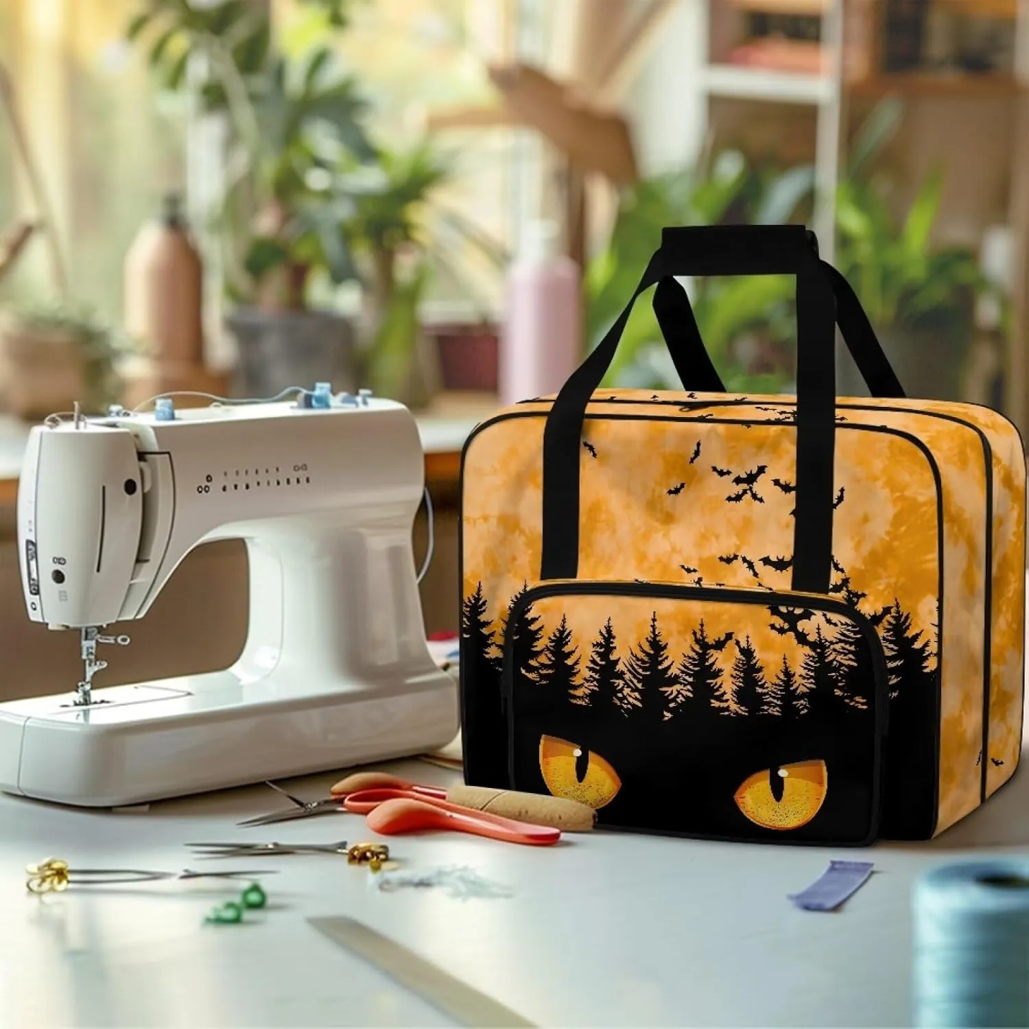 Bats Forest Sewing Machine Carrying Case Two Way Zipper Sewing Machine Tote Bag Portable Cover Tote Bag with Hand Strap Storage Organization Carrying Bag for Accessories