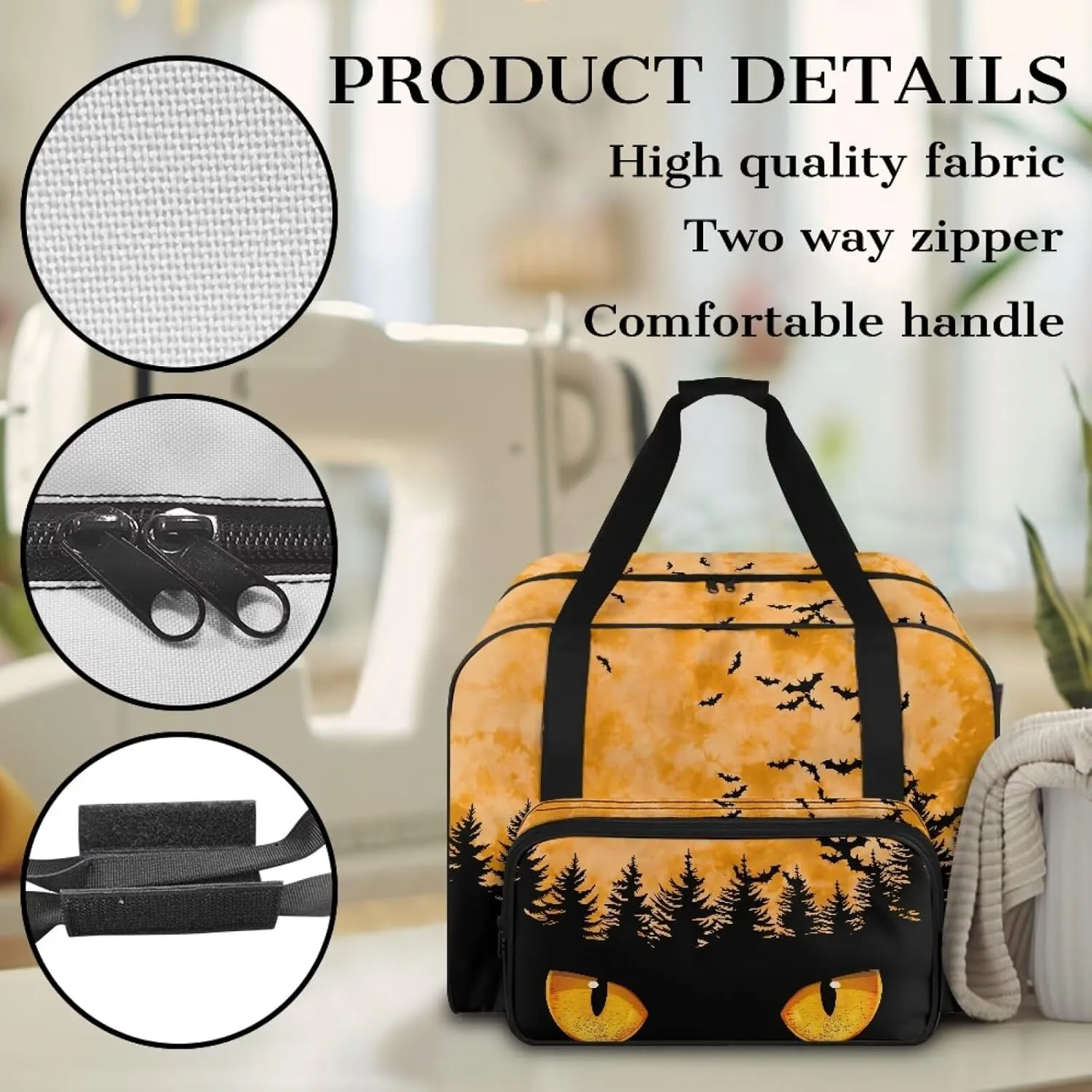Bats Forest Sewing Machine Carrying Case Two Way Zipper Sewing Machine Tote Bag Portable Cover Tote Bag with Hand Strap Storage Organization Carrying Bag for Accessories
