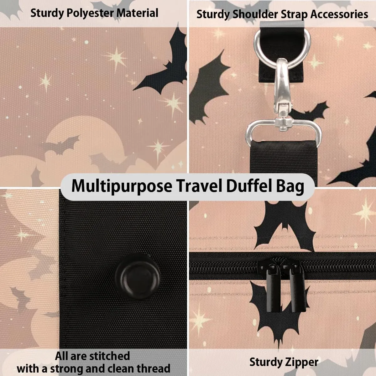 Bats Travel Duffel Bag for Women Men Waterproof Foldable Overnight Weekender Bag Large Capacity Sports Gym Bag
