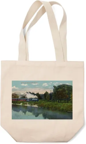 Battle Creek, Michigan, Train Along The Battle Creek River Scene (100% Cotton Canvas Reusable Tote Bag)